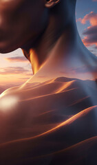 Shining. Detailed texture of human skin. Close up of young african-american male body surface like landscape with the sky