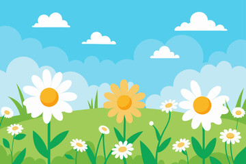 Obraz premium A sunlit spring meadow bursting with daisies and other vibrant flowers under a brilliant blue sky with fluffy white clouds