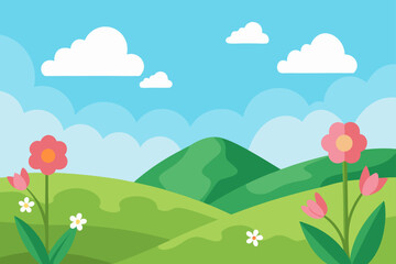 Fototapeta premium A cartoon summer landscape illustration with green hills, a field of flowers, and distant mountains under a blue sky with white clouds