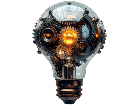 Futuristic light bulb with gears and circuits, symbolizing innovation and creativity 
