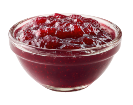 Deep red jam in a clear glass bowl