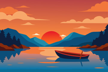 Beautiful sunlit landscape where fiery clouds reflect on the serene water of the mountain lake at sunset