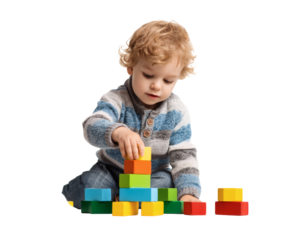 A curious toddler building a tower with colorful wooden blocks, enjoying playtime