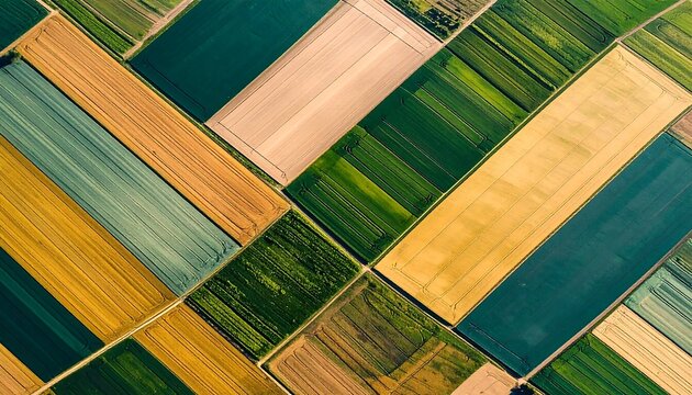 Aerial view of agricultural fields arranged in a geometric pattern.  Colorful rectangular plots