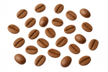 Roasted coffee beans cascading mid-air, showcasing rich brown tones against transparent backdrop, capturing coffee's dynamic essence