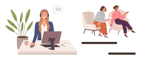 Professional woman in headset working at desk with computer near plant. Two women casually conversing on chairs. Ideal for communication, teamwork, customer service, collaboration, remote work