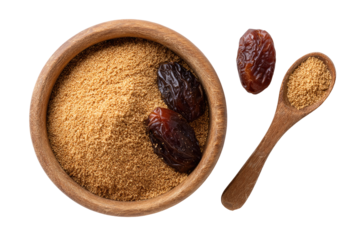 Wooden bowl filled with granulated sugar and dates, a small wooden spoon holding more sugar