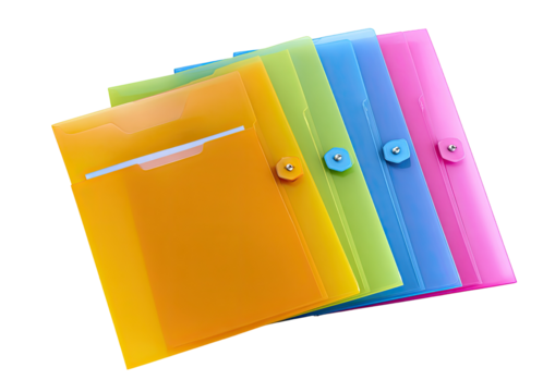 Stack of colorful plastic document sleeves. Stacked, translucent, folders, with pockets, various hues, light, bright - Powered by Adobe