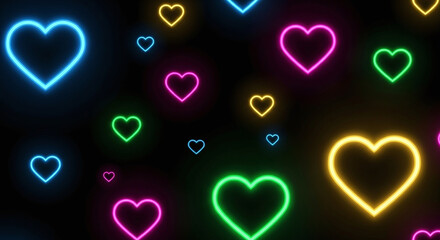 Background of colorful neon hearts naturally and glowing against a dark background.