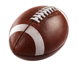 Close-up of a brown American football.  Stitched leather ball, with white stripes.  3D rendering style