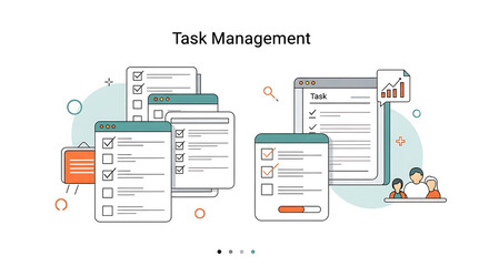 Illustration of task management with checklists, progress bars, and a team of people nearby ai generated