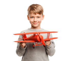 Boy holding a red toy airplane