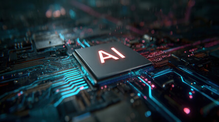 Glowing AI chip on circuit board powering future technology with vibrant neon connections