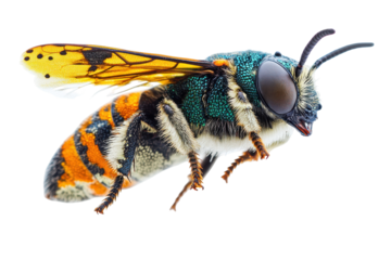 Cuckoo wasp close-up shows iridescent green and yellow exoskeleton against a white background