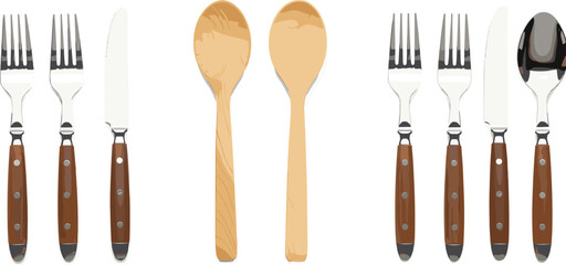 Realistic vector illustration of wooden and metal cutlery sets including forks, knives, spoons for kitchen, dining and restaurant use