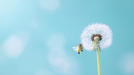 Obraz premium Bee on a dandelion seed head against a blue sky