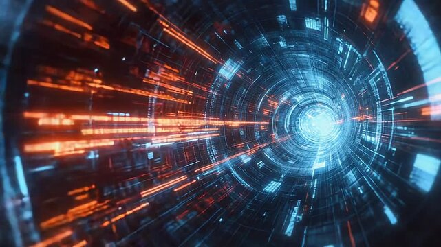 Futuristic tunnel accelerating through cyberspace with data flowing