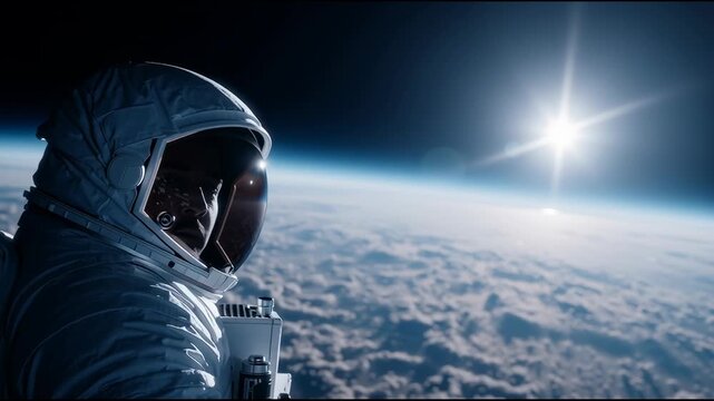 Astronaut observing earth and sun from space