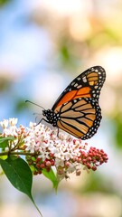 Fototapeta premium Monarch butterfly on a flower cluster, soft focus background