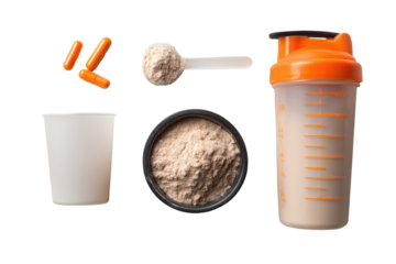Protein powder, measuring cups, shaker bottle, and supplements