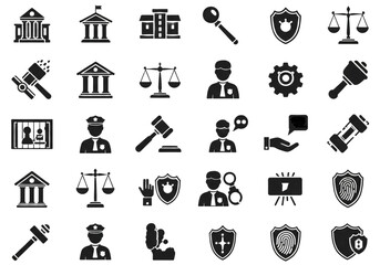 Fototapeta premium Law and Justice Icon Set – 30 Black and White Legal Symbols for Judicial, Law Enforcement, and Educational Use