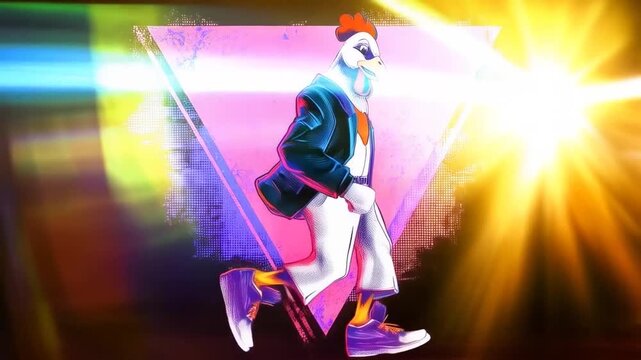Animated Chicken Character Walking with Stylish Outfit and Retro Background Effect Video