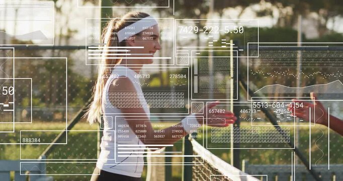Left-side tennis player waiting at net, opponent entering, shaking for fairplay bumping pointing