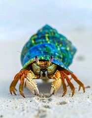 Vibrant hermit crab in colorful shell on beach sand