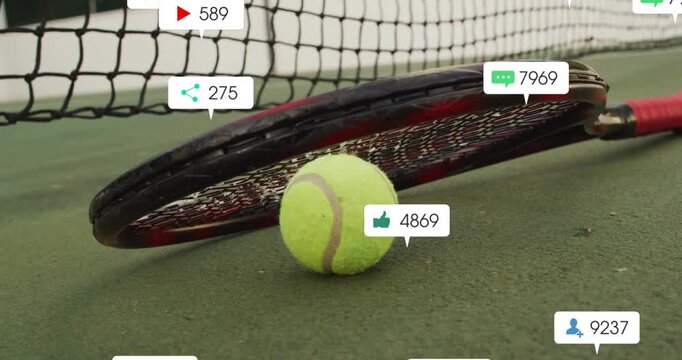 Bell alert and location pin popping near racket and ball, icons animating counts showing stats