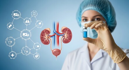 Obraz premium Medical professional holding vial against background of kidney illustration and medical icons healthcare concept research and treatment for kidney disease