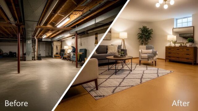 Comparison splitscreen footage showing before and after effects of installing cork floating floor in a basement highlighting aesthetic upgrade and comfort.