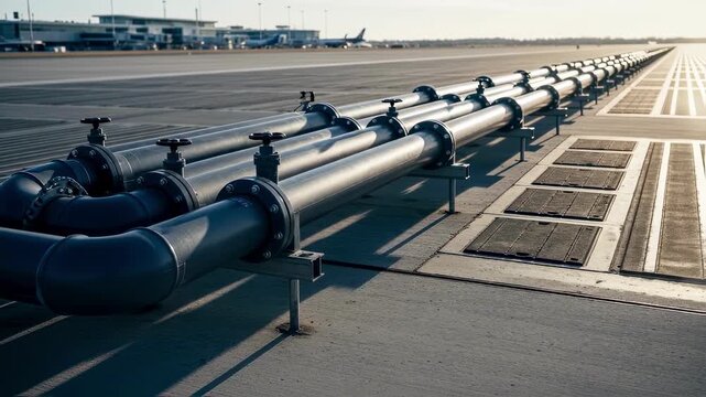 Slow pan across new glycol discharge lines running parallel to heated runway sections designed to reduce environmental impact.
