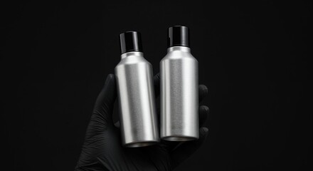 Hand holding two silver spray bottles