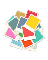 A cluster of colorful square photos,  like instant prints or color swatches, layered and overlapping