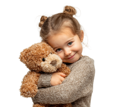 Adorable little girl hugging a teddy bear, smiling at the camera