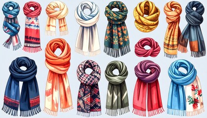 Watercolor illustration of a collection of patterned, draped, and folded scarves