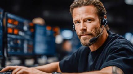 System administrator working in network operation center using headset