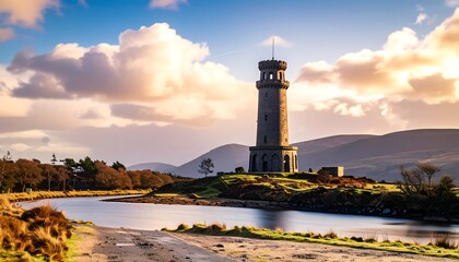 Scenic view of a stone tower by a calm lake at sunrise
