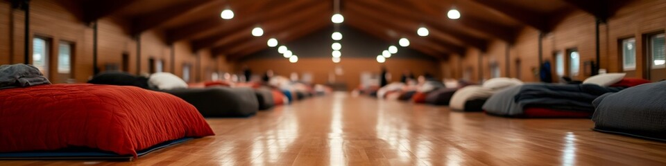 Refugees sleeping in temporary shelter with mattresses on floor