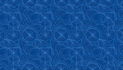 Intricate, repeating blue pattern of stylized floral shapes and geometric lines