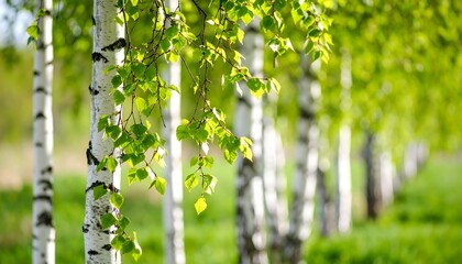 Obraz premium Fresh, vibrant green foliage delicately drapes over the white-barked birch trees, bathed in sunlight, creating a serene, springtime scene.