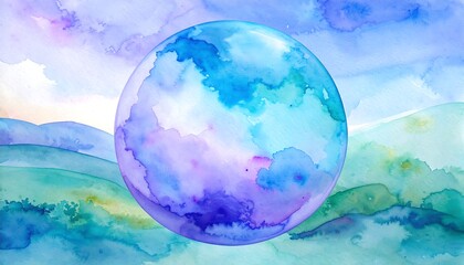 Watercolor sphere, floating above hills. Soft blues, purples, and pinks