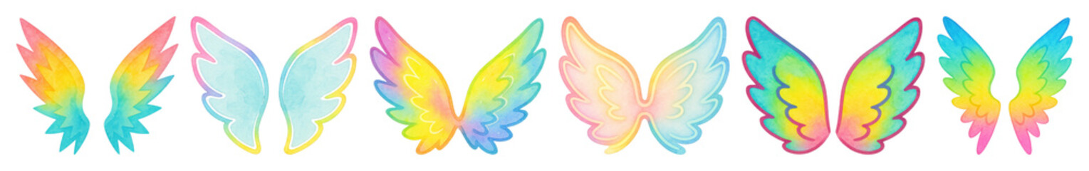 Fototapeta premium PNG Colorful watercolor angel wings, element set on transparent background