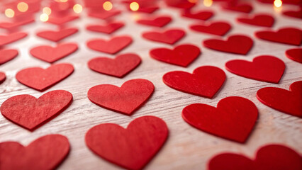 Obraz premium A beautiful, handcrafted decoration of red fabric hearts hanging from strings in a public setting