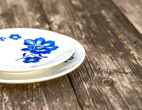 Stacked plates on a weathered wooden table - Powered by Adobe