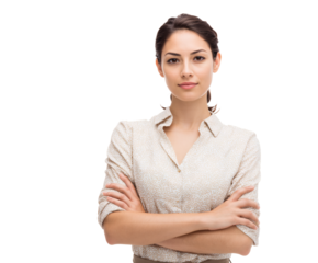 A professional woman confidently poses with arms crossed.