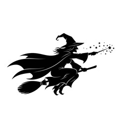 Vector art of silhouette of a witch flying on a broomstick and casting a spell