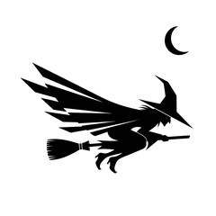 Vector art of silhouette of a witch flying on a broomstick under the moon