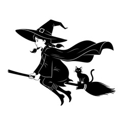 Vector art of a young witch with a black cat flying on a broomstick, , in black and white style