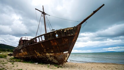 A rusty shipwreck rests on a sandy beach, against a backdrop of dramatic, overcast skies and a placid body of water.
